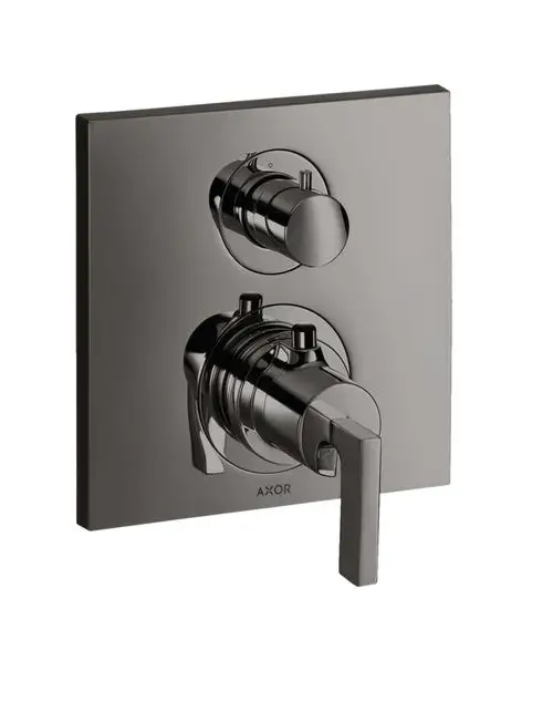 Thermostat-Unterputzarmatur mit Hebelgriff in poliertem Schwarzchrom. Die Armatur zeigt das AXOR-Logo und verfügt über zwei Bedienelemente zur Steuerung des Wasserauslasses.